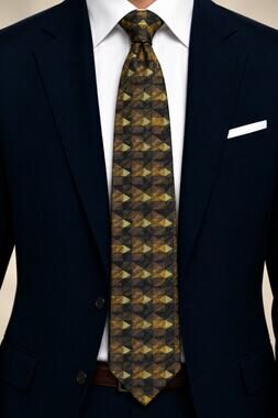 VERSINI Men's Silk Geometric Tie, Black Brown, Classic Pattern Fashion Accessory